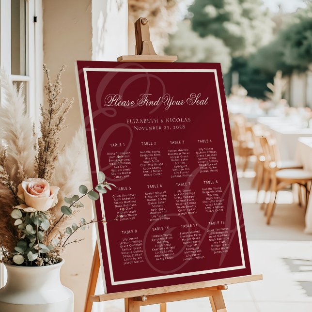 Affiche Luxury Monogram Deep Red Wedding Seating Chart (Créateur téléchargé)