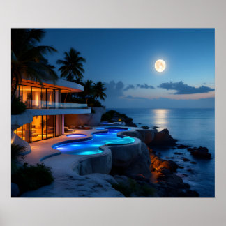 Affiche Luxury Moonlit Villa – Modern Ocean Night Aestheti