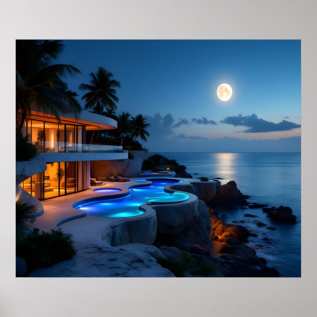 Affiche Luxury Moonlit Villa – Modern Ocean Night Aestheti (Devant)