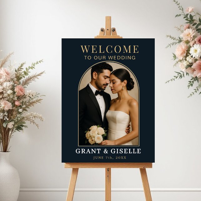 Affiche Luxury Navy Blue Gold Photo Wedding Welcome Sign  (Créateur téléchargé)