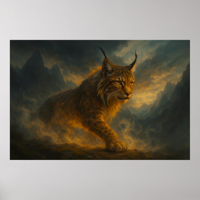 Affiche Lynx doré mystique dans le brouillard du coucher d (Devant)