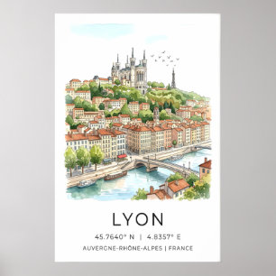 Affiche Lyon City Imprime Aquarelle Skyline et Pierre