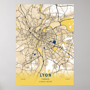 Affiche Lyon - France Carte de la ville jaune