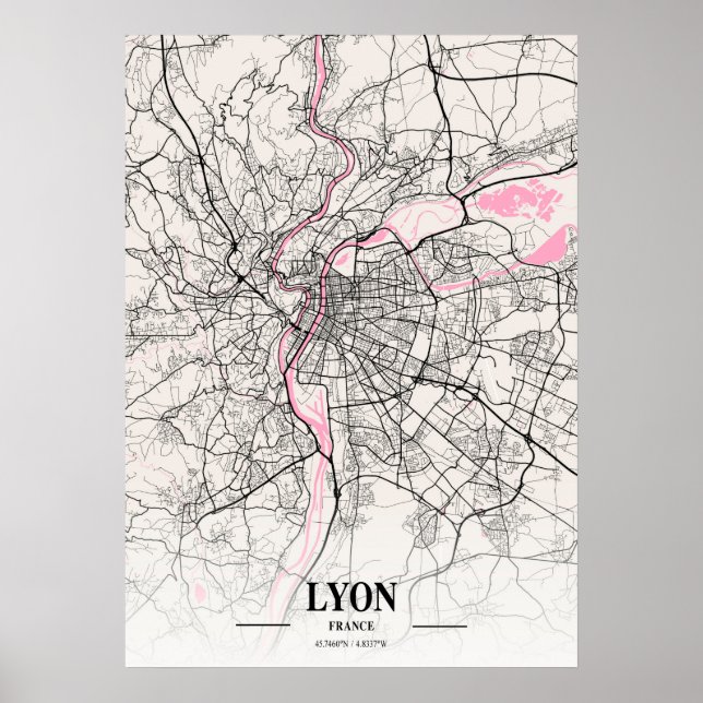 Affiche Lyon - France Carte de la ville napolitaine (Devant)
