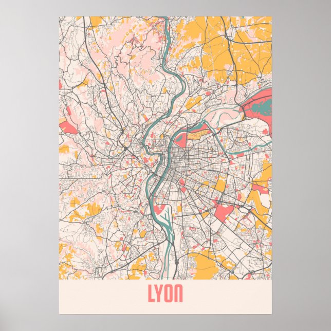 Affiche Lyon - France Chalk City Carte (Devant)