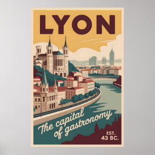 Affiche Lyon France Rétro Ciel Ville Voyage