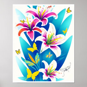 Affiche Lys et papillons jaunes