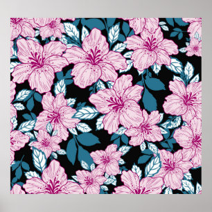 Affiche Lys mauve, arrière - plan de feuilles bleues.