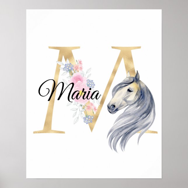 Affiche M lettre monogramme personnalisé avec cheval (Devant)