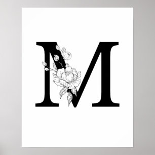 Affiche M monogramme botanique. Lettre initiale avec pivoi