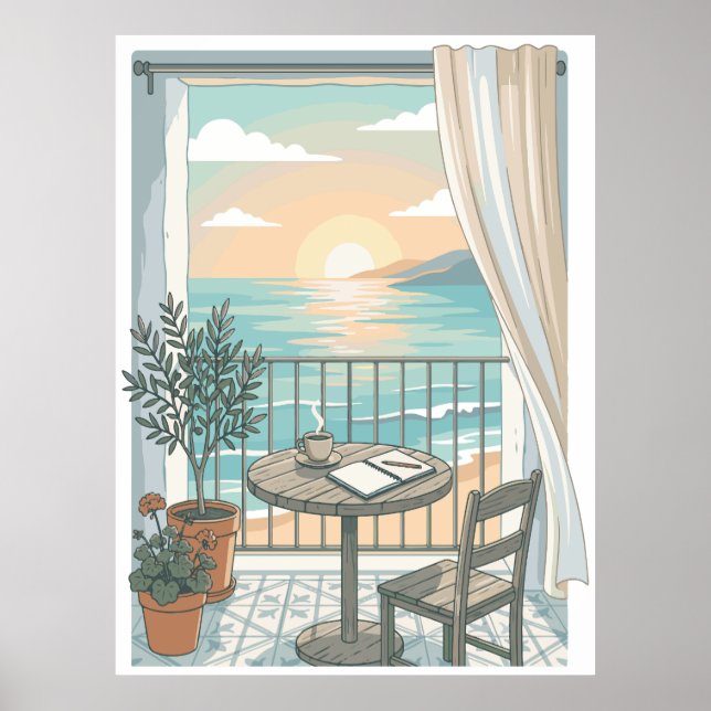 Affiche Ma matinée préférée | Balcon ensoleillé avec un ca (Devant)