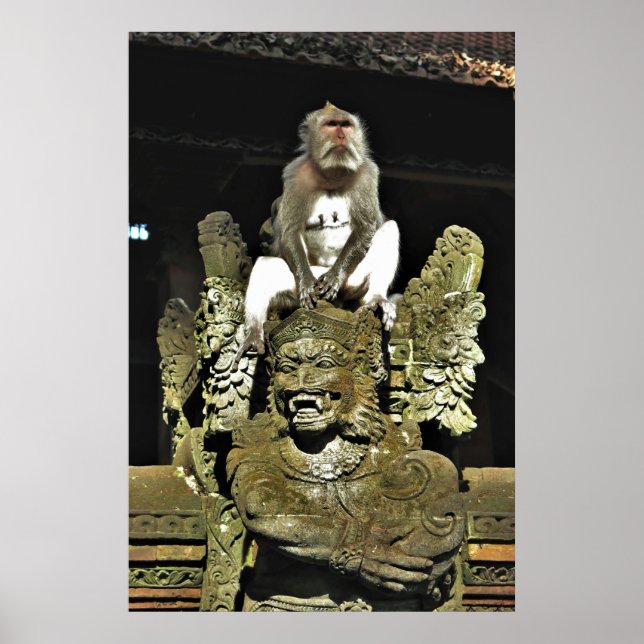 Affiche Macaque sur une statue de temple (Devant)