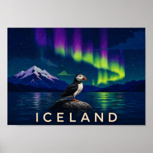 Affiche Macareux Atlantique Aurore Boréale Islande Impress