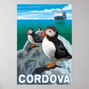 Affiche Macareux et bateau de croisière - Cordova, Alaska