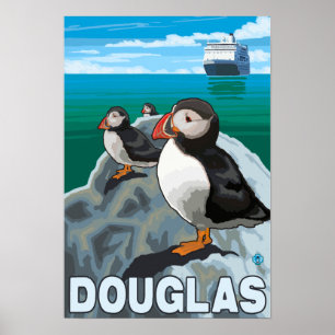 Affiche Macareux et bateau de croisière - Douglas, Alaska