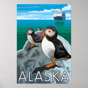 Affiche Macareux observant un bateau de croisière