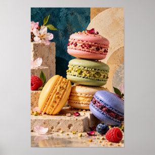 Affiche Macarons français colorés avec des fleurs et des b