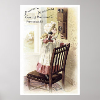 Affiche Machine à coudre maison fille au téléphone