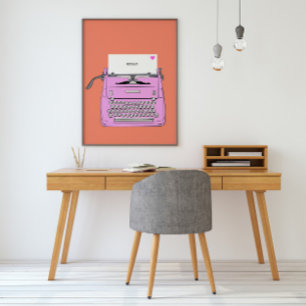 Affiche Machine à écrire rétro vintage rose et orange