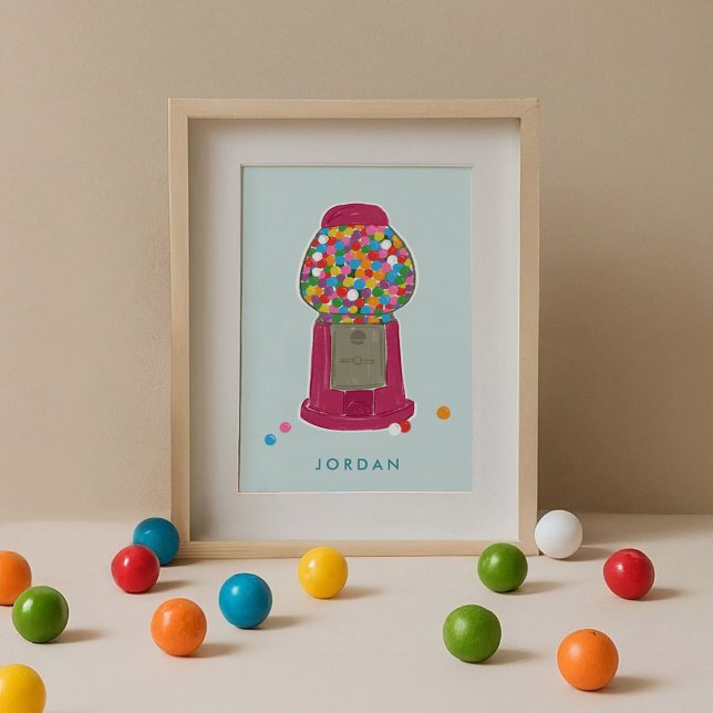 Affiche Machine à gumball rose bonbon gomme à bulles Perso (Pink retro gumball candy machine mint blue personalized kids art print.)