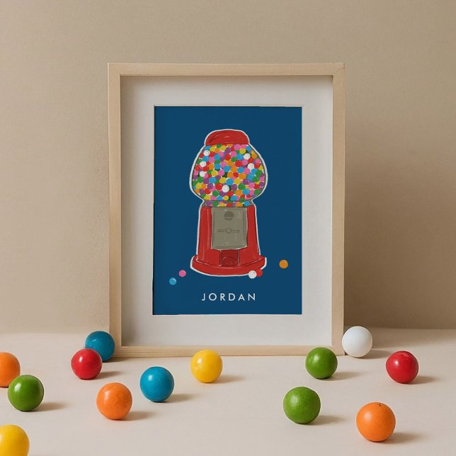 Affiche Machine de gumball rouge bonbons Bubble gomme pers (Red retro gumball candy machine blue personalized kids art print.)