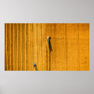 Affiche Machine de moissonneuse travaillant sur le terrain