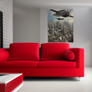 Affiche Machine volante au-dessus d'un Dieselpunk ci AI A
