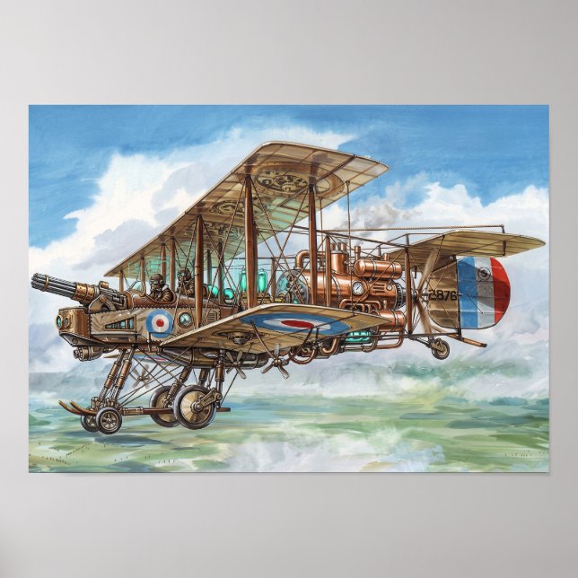 Affiche Machine volante biplan Steampunk Vickers (Devant)