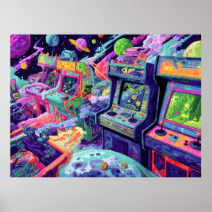 Affiche Machines de jeux vidéo rétro dans l'espace