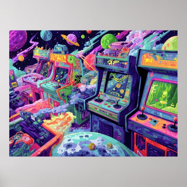 Affiche Machines de jeux vidéo rétro dans l'espace (Devant)