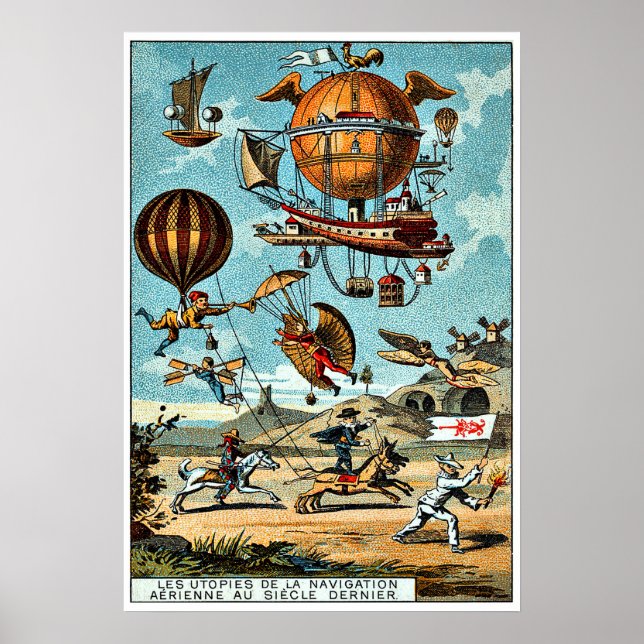 Affiche Machines volantes Steampunk, illustration vintage (Devant)