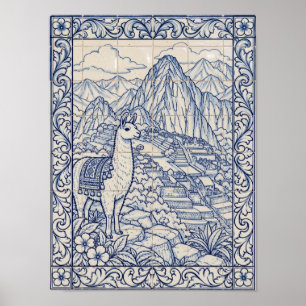 Affiche Machu Picchu Lama Bleu Art Azulejo Portugais
