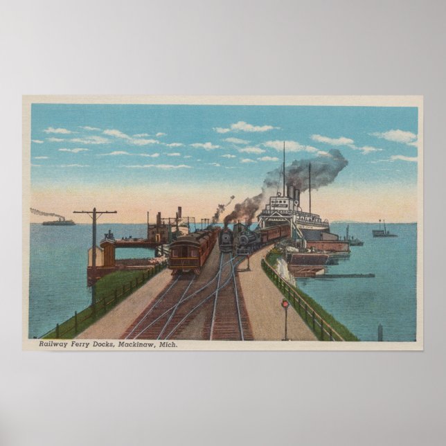 Affiche Mackinaw City, MI - Vue des quais de ferries (Devant)