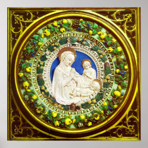 AFFICHE MADONE AVEC ENFANT COURONNE FLEURIE DE LA RENAISSA