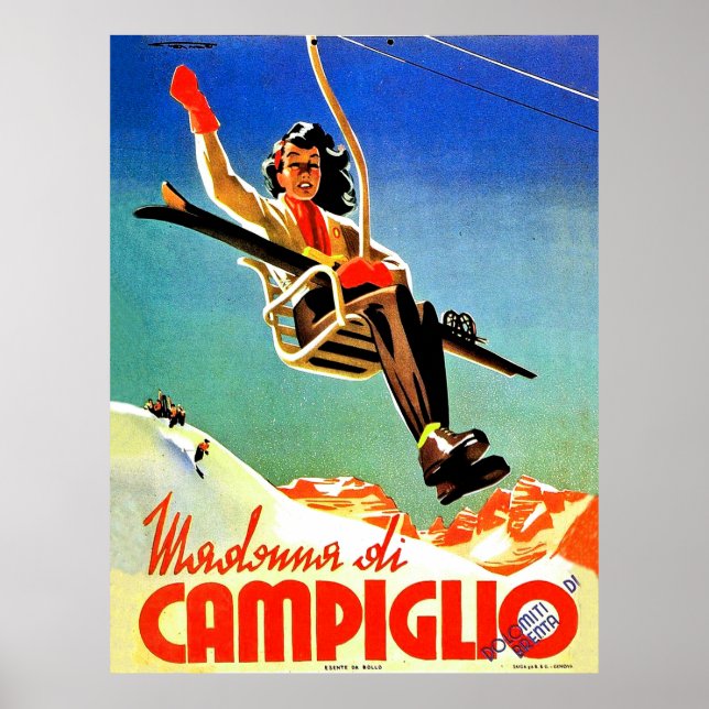 Affiche Madonna di Campiglio, femme en ski, vintage (Devant)