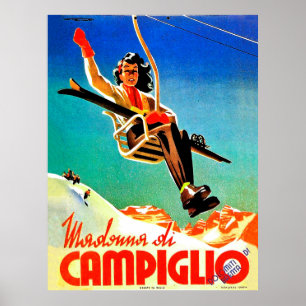 Affiche Madonna di Campiglio, femme sur un télésiège, vint