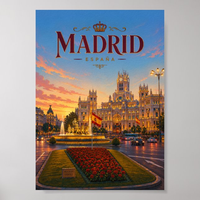 Affiche Madrid Espagne Place de Cibeles Vue du Coucher de  (Devant)