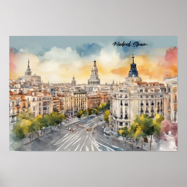 Affiche Madrid Espagne Ville Silhouette Aquarelle Peinture (Devant)