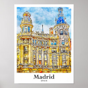 Affiche Madrid Espagne Voyage Aquarelle main tiré