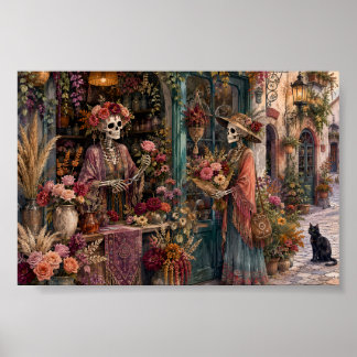 Affiche Magasin de Fleurs Squelette Gothique, Floriste Whi