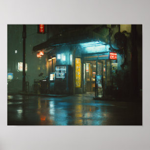 Affiche Magasin Japonais Neon sous la Pluie