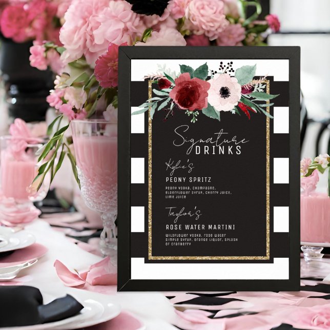 Affiche Magenta Floral Stripes Signature Boissons Mariage (Créateur téléchargé)