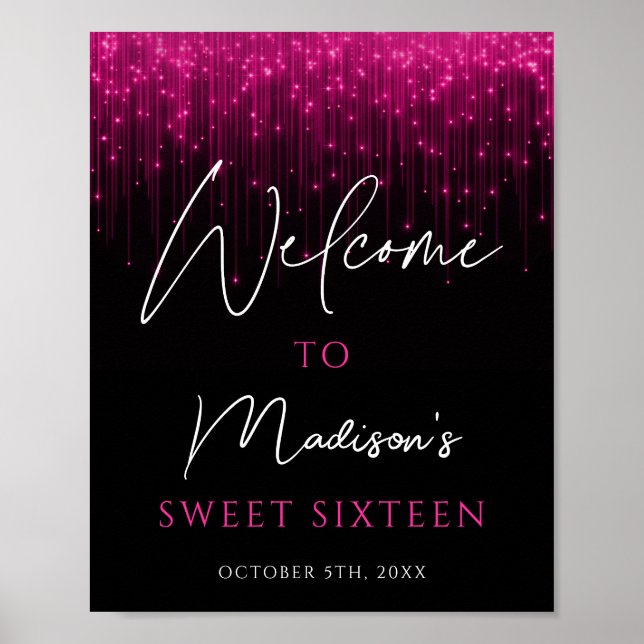 Affiche Magenta Rose Lights Black Sweet 16 Bienvenue (Devant)