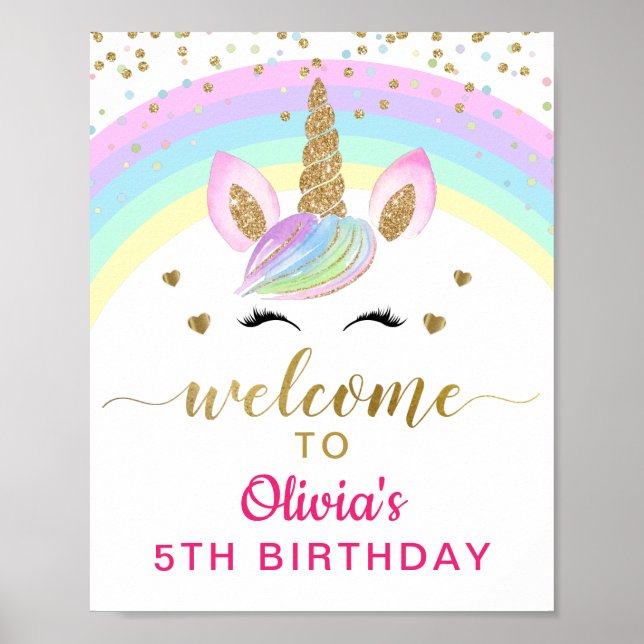 Affiche Magical Rainbow Gold Unicorn Birthday Welcome Sign (Devant)