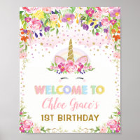 Magical Unicorn Pink Gold Floral Birthday Welcome