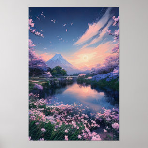 Affiche Magie de fleurs de cerisier au lac de la montagne