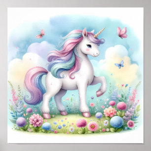 Affiche Magique Cute Kawaii Unicorn Floral