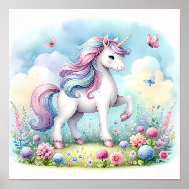 Affiche Magique Cute Kawaii Unicorn Floral (Devant)