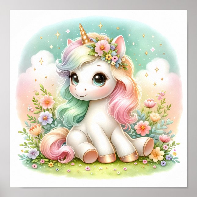 Affiche Magique Cute Kawaii Unicorn Floral (Devant)