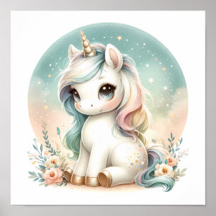 Affiche Magique Cute Kawaii Unicorn Floral Nursery Kids